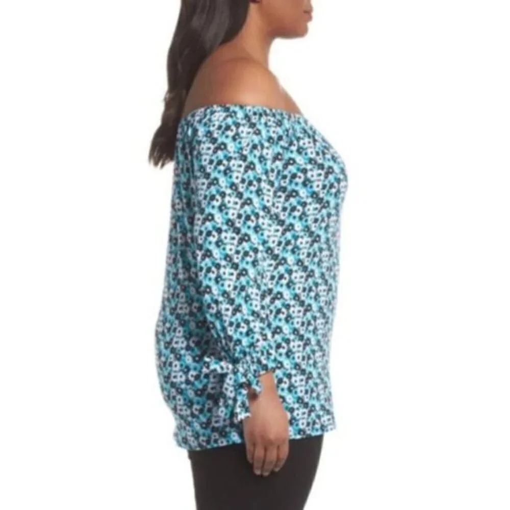 Michael Kors Womens Blue White Floral Off the Shoulder Top Plus Sz 0X New